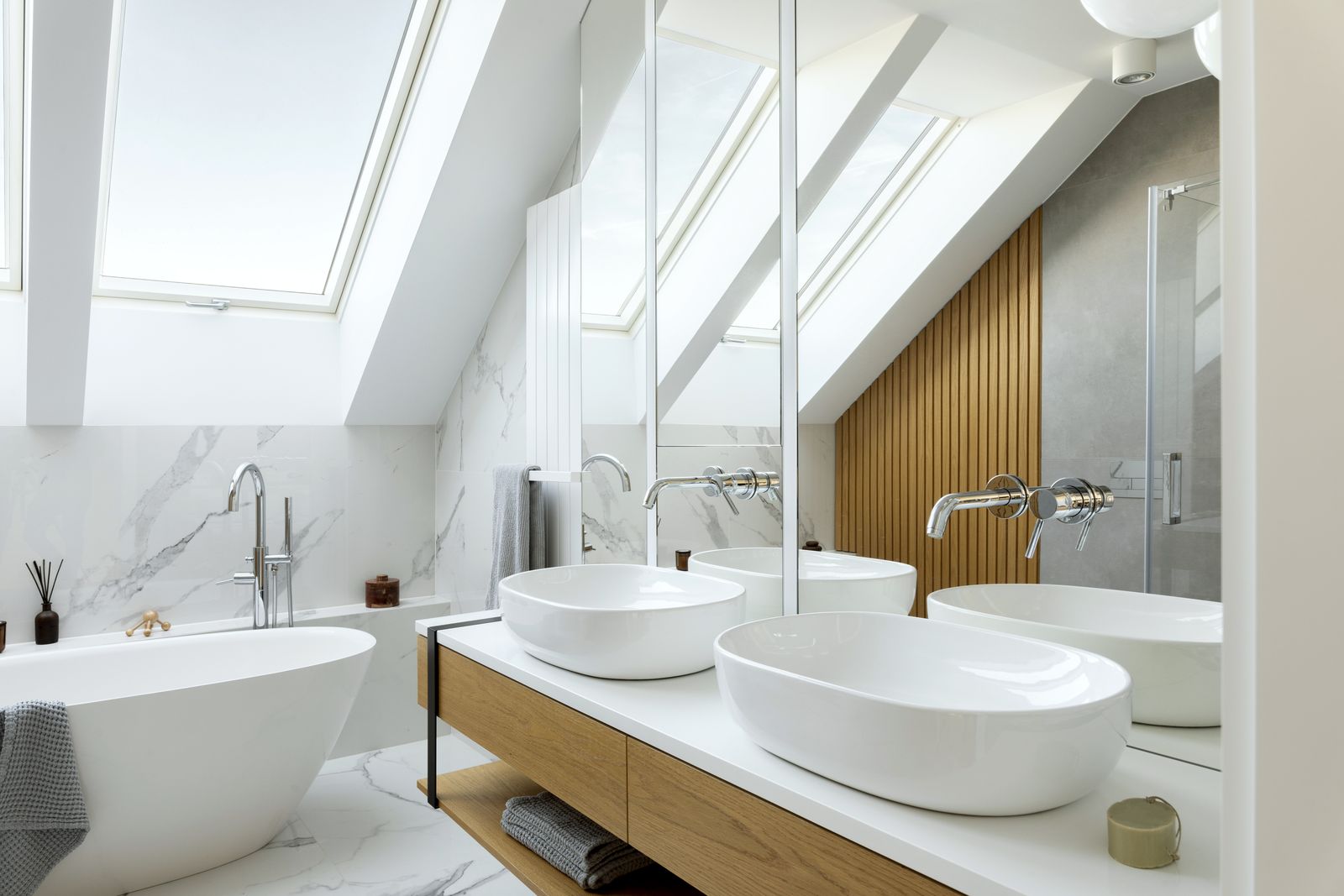 Bright modern bathroom with skylights and double s — the kind of handyman work vetted local pros handle in Sarasota, FL