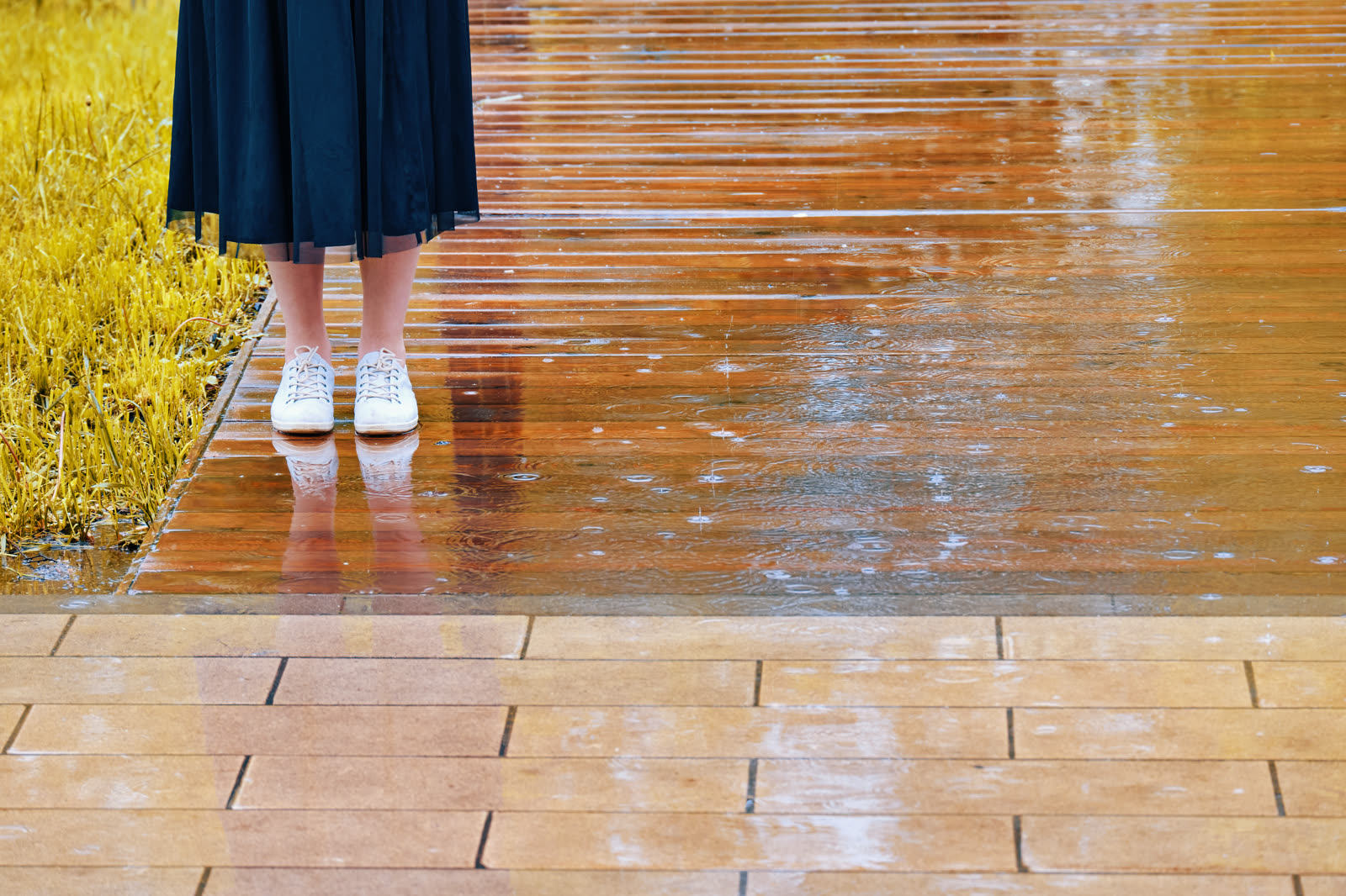 A lone woman in a dress stands in the autumn rain — the kind of handyman work vetted local pros handle in Sarasota, FL