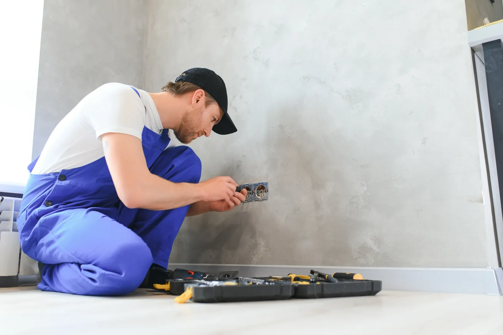 Construction worker electrician assembles an elect — the kind of handyman work vetted local pros handle in Sarasota, FL