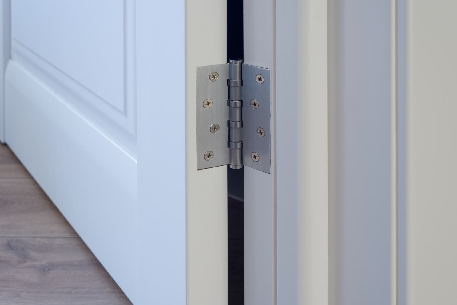 Metal chrome hinged hinges on a white interior doo — the kind of handyman work vetted local pros handle in Sarasota, FL