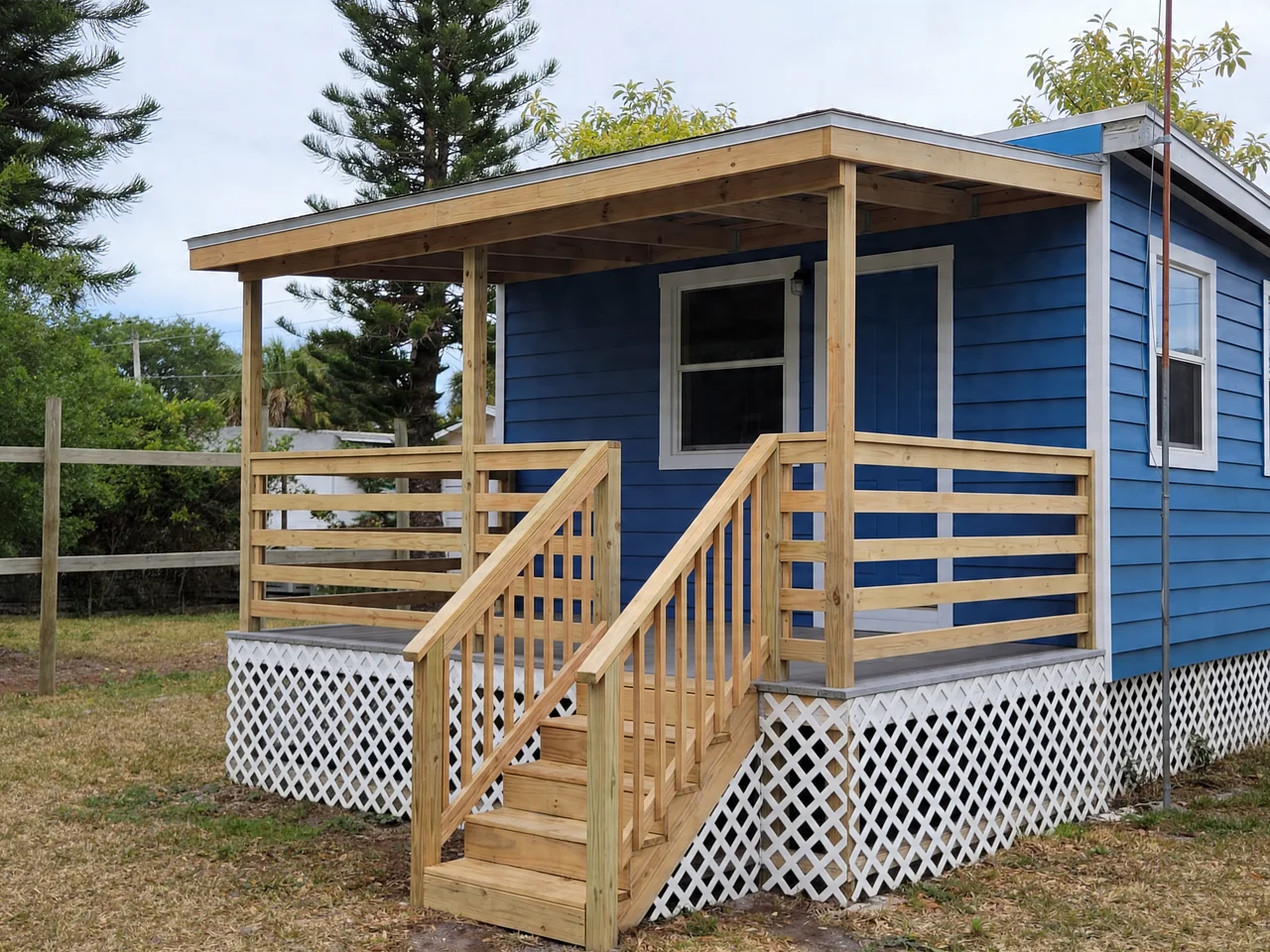 Same porch after new posts, railings and stairs by a local pro