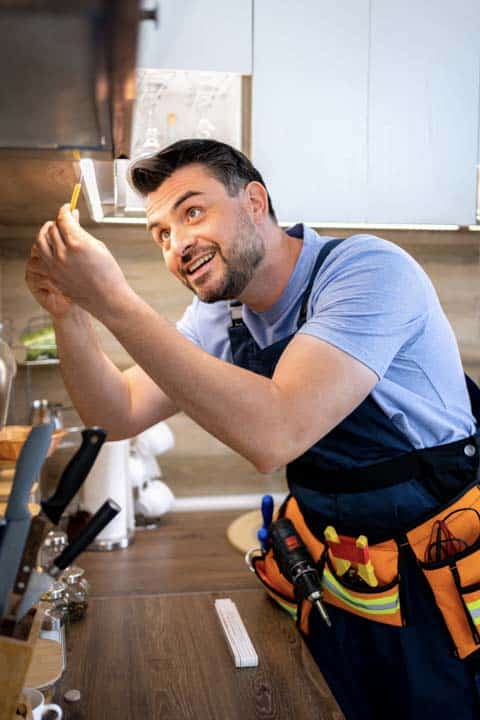 Handyman repairs kitchen appliances while smiling — the kind of handyman work vetted local pros handle in Sarasota, FL